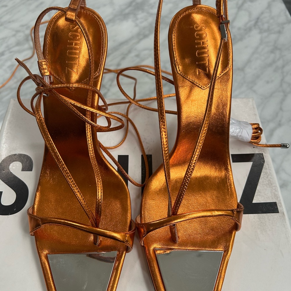 SCHUTZ Metallic Orange Strappy Heels Size 11 NWT